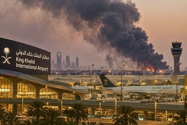 Smoke and flames rising near King Khalid International Airport in Riyadh, Saudi Arabia